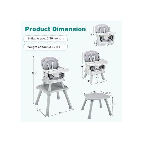  BABY JOY Baby High Chair, 8 in 1 Convertible Highchair for Babies & Toddlers | Booster Seat | Table and Chair Set | Building Block Table | Toddler Chair with Safety Harness, Removable Tray (Gray)