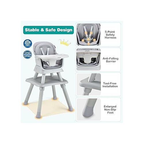  BABY JOY Baby High Chair, 8 in 1 Convertible Highchair for Babies & Toddlers | Booster Seat | Table and Chair Set | Building Block Table | Toddler Chair with Safety Harness, Removable Tray (Gray)