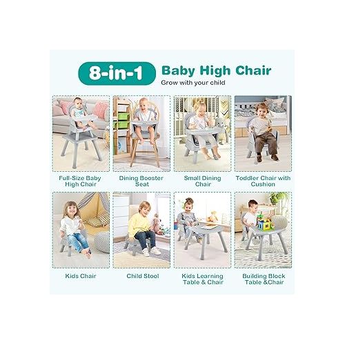  BABY JOY Baby High Chair, 8 in 1 Convertible Highchair for Babies & Toddlers | Booster Seat | Table and Chair Set | Building Block Table | Toddler Chair with Safety Harness, Removable Tray (Gray)