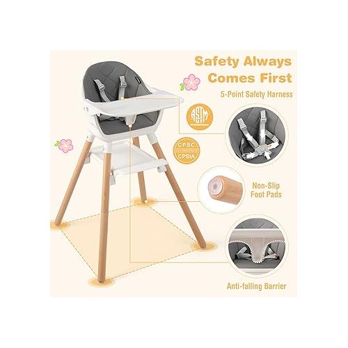  BABY JOY Baby High Chair, 6 in 1 Convertible Wooden High Chair for Babies & Toddlers with Adjustable Legs, Double Removable Tray, Safety Harness & Waterproof PU Cushion (White)