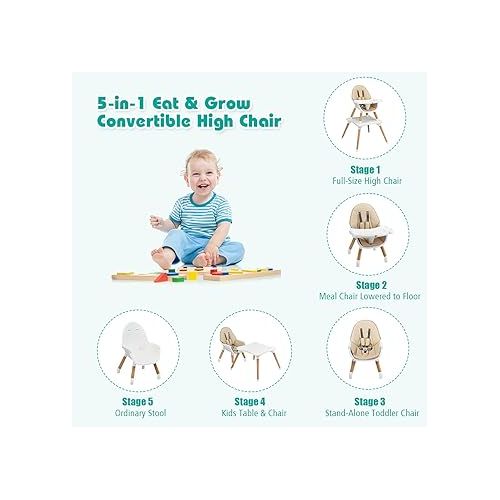  BABY JOY 5 in 1 High Chair, Convertible High Chairs for Babies and Toddlers/Booster Seat/Table and Chair Set, Infant Wooden Highchair w/ 5-Point Harness, 4-Position Removable Tray & PU Cushion (Khaki)