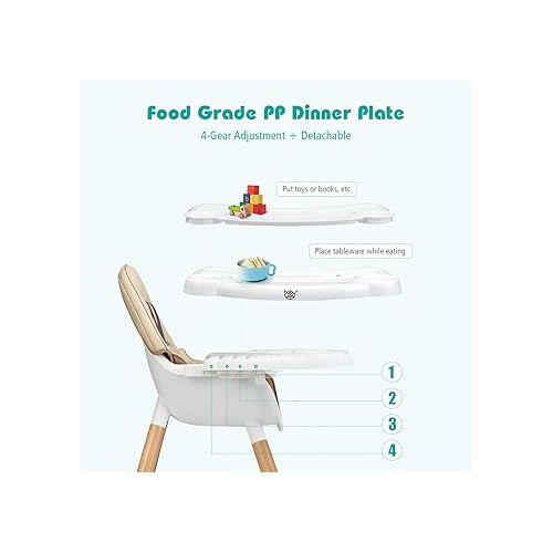  BABY JOY 5 in 1 High Chair, Convertible High Chairs for Babies and Toddlers/Booster Seat/Table and Chair Set, Infant Wooden Highchair w/ 5-Point Harness, 4-Position Removable Tray & PU Cushion (Khaki)