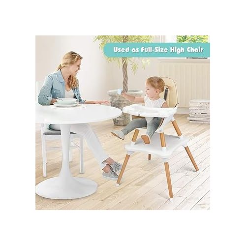  BABY JOY 5 in 1 High Chair, Convertible High Chairs for Babies and Toddlers/Booster Seat/Table and Chair Set, Infant Wooden Highchair w/ 5-Point Harness, 4-Position Removable Tray & PU Cushion (Khaki)