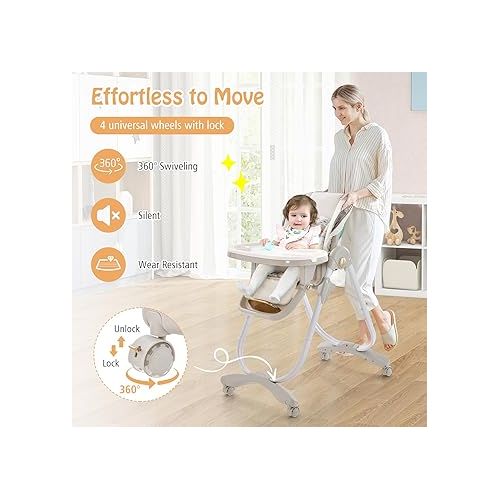  BABY JOY High Chair, Foldable Baby High Chair with Adjustable Height, Backrest & Footrest, Double Removable Tray, Portable High Chair with Wheels for Babies & Toddlers of 6-36 Months
