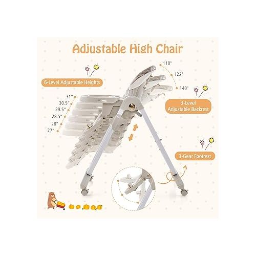  BABY JOY High Chair, Foldable Baby High Chair with Adjustable Height, Backrest & Footrest, Double Removable Tray, Portable High Chair with Wheels for Babies & Toddlers of 6-36 Months