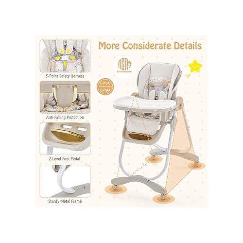  BABY JOY High Chair, Foldable Baby High Chair with Adjustable Height, Backrest & Footrest, Double Removable Tray, Portable High Chair with Wheels for Babies & Toddlers of 6-36 Months