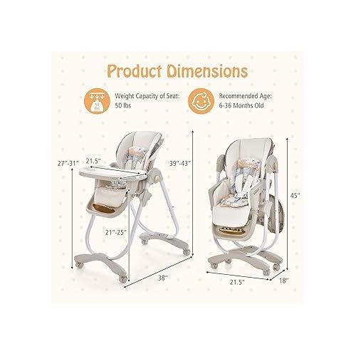  BABY JOY High Chair, Foldable Baby High Chair with Adjustable Height, Backrest & Footrest, Double Removable Tray, Portable High Chair with Wheels for Babies & Toddlers of 6-36 Months