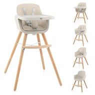 BABY JOY Convertible Baby High Chair, 3 in 1 Wooden Highchair/Booster/Chair with Removable Tray, Adjustable Legs, 5-Point Harness, PU Cushion and Footrest for Baby, Infants, Toddlers (Beige)