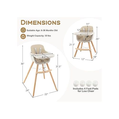  BABY JOY Convertible Baby High Chair, 3 in 1 Wooden Highchair/Booster/Chair with Removable Tray, Adjustable Legs, 5-Point Harness, PU Cushion and Footrest for Baby, Infants, Toddlers (Beige)