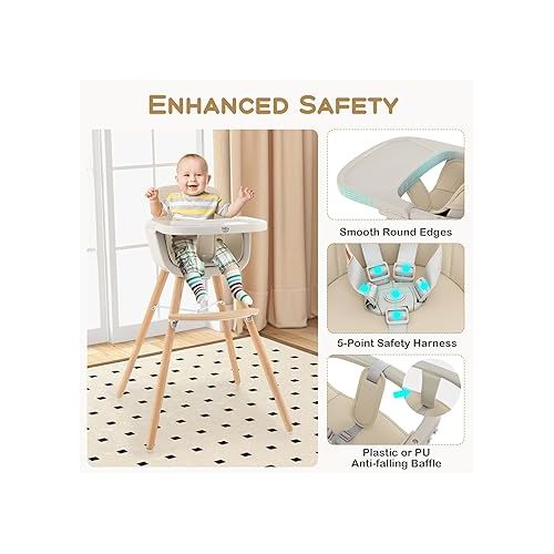  BABY JOY Convertible Baby High Chair, 3 in 1 Wooden Highchair/Booster/Chair with Removable Tray, Adjustable Legs, 5-Point Harness, PU Cushion and Footrest for Baby, Infants, Toddlers (Beige)