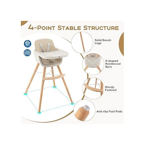  BABY JOY Convertible Baby High Chair, 3 in 1 Wooden Highchair/Booster/Chair with Removable Tray, Adjustable Legs, 5-Point Harness, PU Cushion and Footrest for Baby, Infants, Toddlers (Beige)