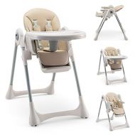 BABY JOY Convertible High Chair for Babies & Toddlers, Foldable Highchair with Adjustable Backrest/Footrest/Seat Height, Double Removable Tray, Detachable PU Cushion, Built-in Front Wheels (Beige)