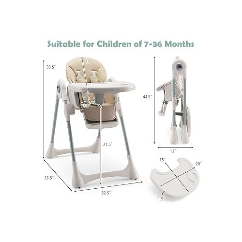  BABY JOY Convertible High Chair for Babies & Toddlers, Foldable Highchair with Adjustable Backrest/Footrest/Seat Height, Double Removable Tray, Detachable PU Cushion, Built-in Front Wheels (Beige)