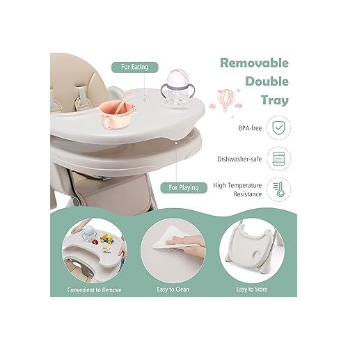  BABY JOY Convertible High Chair for Babies & Toddlers, Foldable Highchair with Adjustable Backrest/Footrest/Seat Height, Double Removable Tray, Detachable PU Cushion, Built-in Front Wheels (Beige)