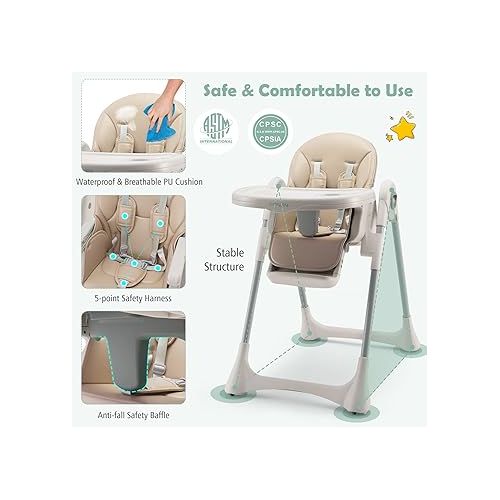  BABY JOY Convertible High Chair for Babies & Toddlers, Foldable Highchair with Adjustable Backrest/Footrest/Seat Height, Double Removable Tray, Detachable PU Cushion, Built-in Front Wheels (Beige)