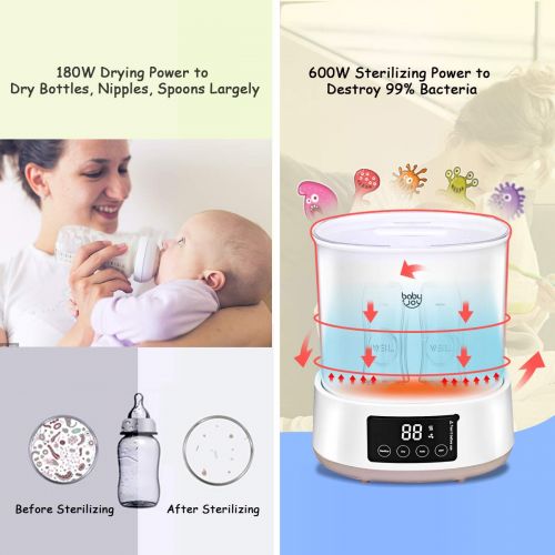  BABY JOY Bottle Sterilizer, 3-in-1 Adjustable Bottles Dryer with LCD Display, Electric Steam Sterilization with Pacifier Basket, Bottle Holder, Bracket (Milky White)