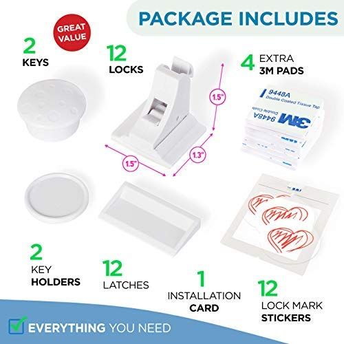  [아마존베스트]BABY TRUST Baby Proofing and Childproof Cabinet Locks for Child Safety - for Kitchen Bathroom Cabinet and Drawer | Easy to Install and Hidden (12-Lock Set)