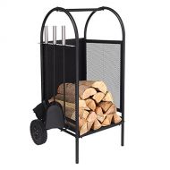 BABYLON Fireplace Log Holder Rack with 2 Wheels Fireplace Wood Mover Brush Shovel Poker Firepit Firewood Rack Carrier Cut Wood Lumber Stove Storage Stacking Log Bin Stand for Indoor Outdoo