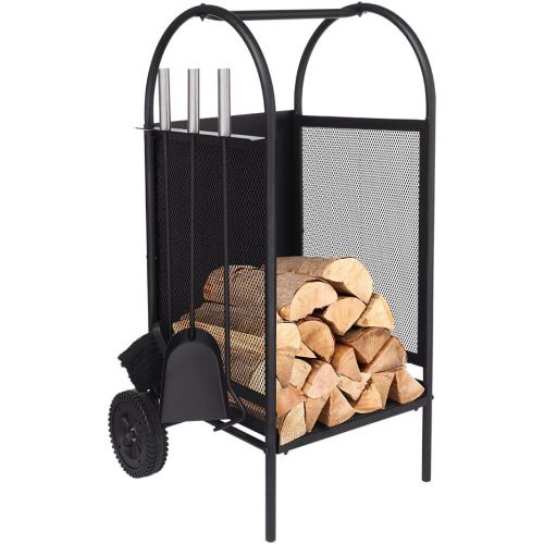  BABYLON Fireplace Log Holder Rack with 2 Wheels Fireplace Wood Mover Brush Shovel Poker Firepit Firewood Rack Carrier Cut Wood Lumber Stove Storage Stacking Log Bin Stand for Indoor Outdoo