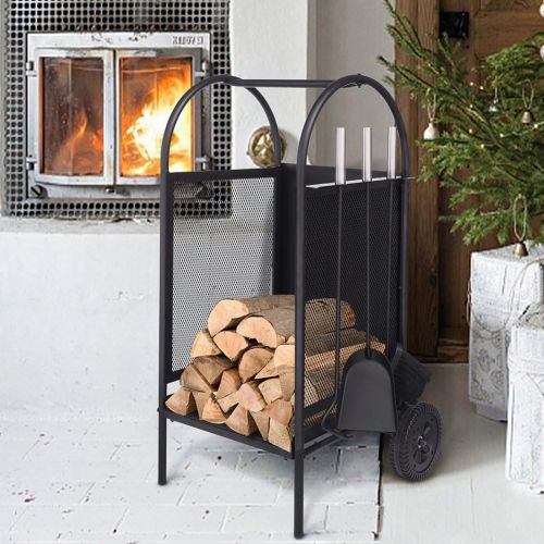  BABYLON Fireplace Log Holder Rack with 2 Wheels Fireplace Wood Mover Brush Shovel Poker Firepit Firewood Rack Carrier Cut Wood Lumber Stove Storage Stacking Log Bin Stand for Indoor Outdoo