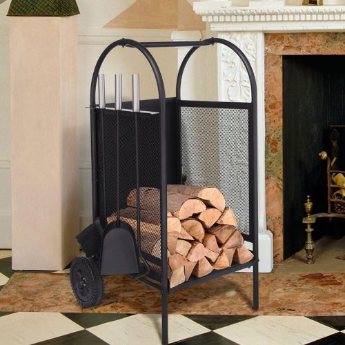  BABYLON Fireplace Log Holder Rack with 2 Wheels Fireplace Wood Mover Brush Shovel Poker Firepit Firewood Rack Carrier Cut Wood Lumber Stove Storage Stacking Log Bin Stand for Indoor Outdoo