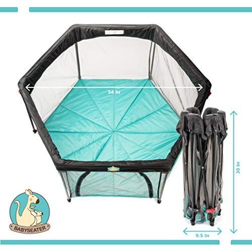  BABYSEATER Portable Playard Play Pen for Infants and Babies - Lightweight Mesh Baby Playpen with Carrying Case - Easily Opens with 1 Hand (Turquoise)