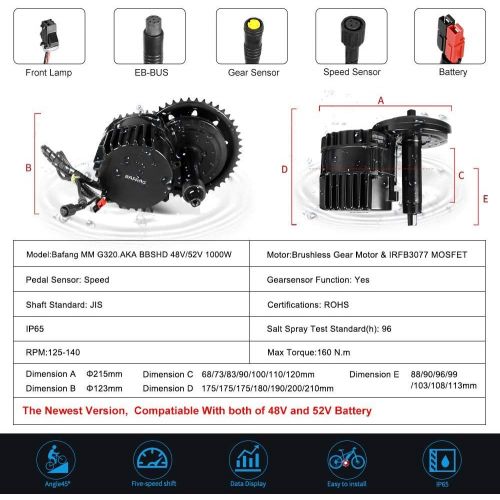  BAFANG Electric Bike 48V/52V 1000W Ebike Motor Kit BAFNAG Mid Drive Motor Conversion Kit with 48V 17.5Ah Rear Rack Battery and Charger (Optional)