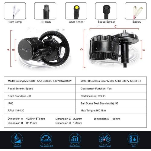  BAFANG BBS02B 48V 750W Ebike Motor with LCD Display 8fun Mid Drive Electric Bike Conversion Kit with Battery (Optional)