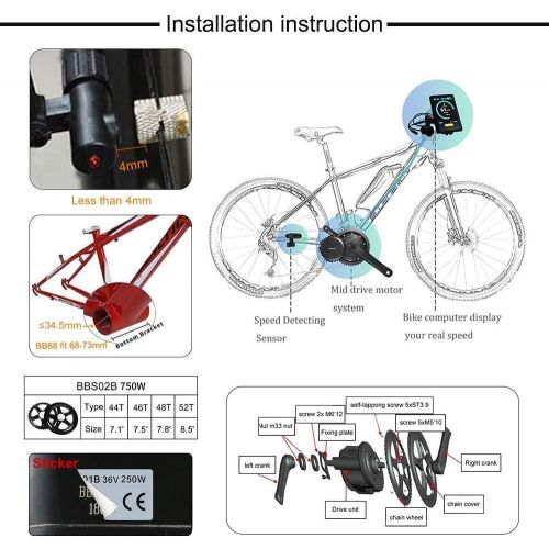  BAFANG BBS02B 48V 750W Ebike Motor with LCD Display 8fun Mid Drive Electric Bike Conversion Kit with Battery (Optional)