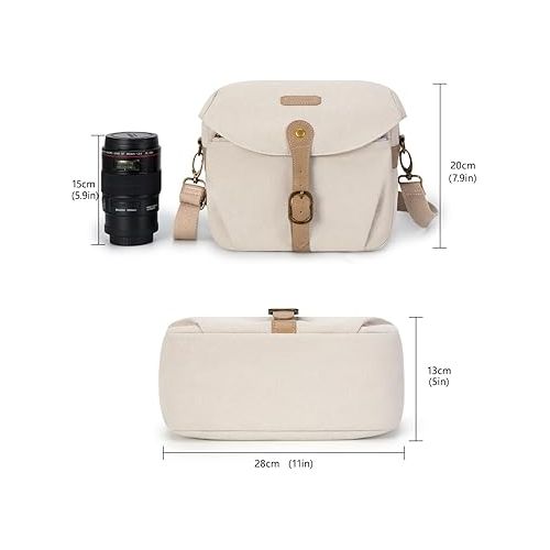  BAGSMART Camera Bag, SLR DSLR Canvas Camera Case, Vintage Padded Camera Shoulder Bag with Rain Cover for Women and Men, Ivory White