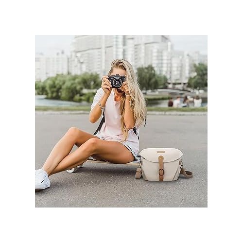  BAGSMART Camera Bag, SLR DSLR Canvas Camera Case, Vintage Padded Camera Shoulder Bag with Rain Cover for Women and Men, Ivory White