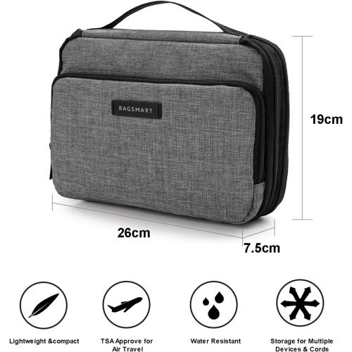  [아마존베스트]BAGSMART 3-Layer Travel Electronics Cable Organizer with Bag for 9.7 iPad, Hard Drives, Cables, Charger, Kindle, Grey