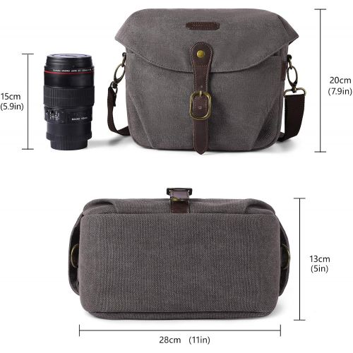  Camera Bag, BAGSMART SLR DSLR Canvas Camera Case, Vintage Padded Camera Shoulder Bag with Rain Cover for Women and Men, Gray