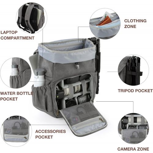  BAGSMART Camera Backpack, BAGSMAR DSLR Camera Bag Backpack, Anti-Theft and Waterproof Camera Backpack for Photographers, Fit up to 15 Laptop with Rain Cover, Grey