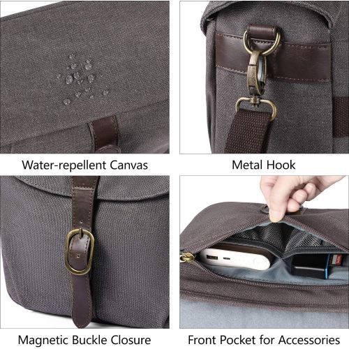  Camera Bag, BAGSMART SLR DSLR Canvas Camera Case, Vintage Padded Camera Shoulder Bag with Rain Cover for Women and Men, gray