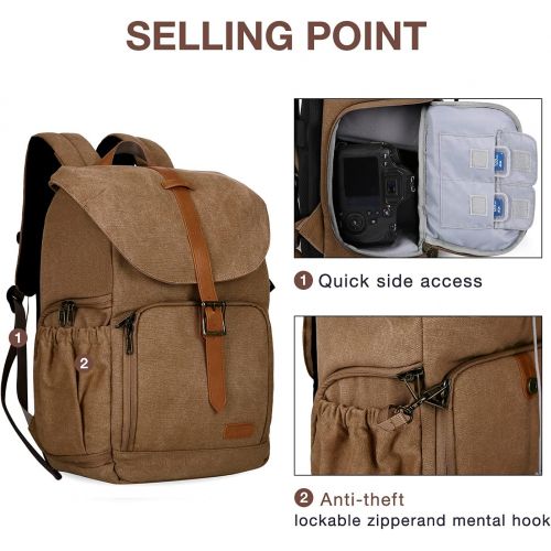  BAGSMART Camera Backpack, BAGSMAR DSLR Camera Bag Backpack, Anti-Theft and Waterproof Camera Backpack for Photographers, Fit up to 15 Laptop with Rain Cover, Khaki