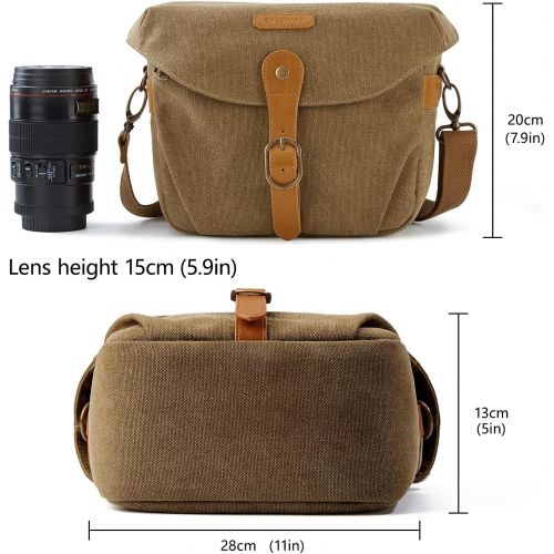  Camera Bag, BAGSMART SLR DSLR Canvas Camera Case, Vintage Padded Camera Shoulder Bag with Rain Cover for Women and Men, Khaki