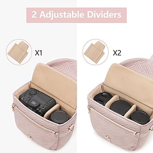  Camera Bag, BAGSMART SLR DSLR Camera Case, Quilted Cotton Camera Shoulder Bag with Rain Cover for Men and Women, Baby Pink