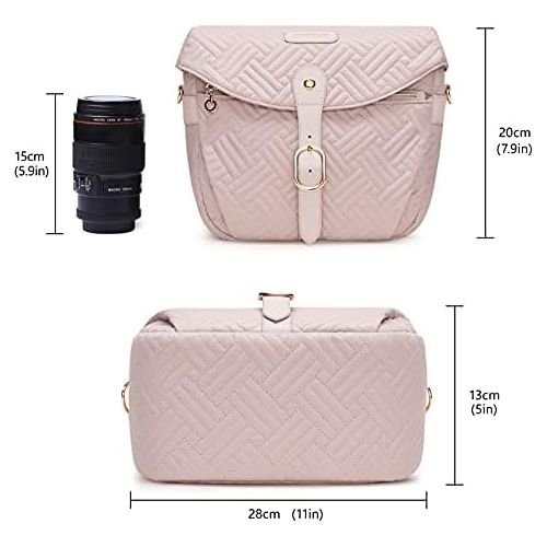  Camera Bag, BAGSMART SLR DSLR Camera Case, Quilted Cotton Camera Shoulder Bag with Rain Cover for Men and Women, Baby Pink