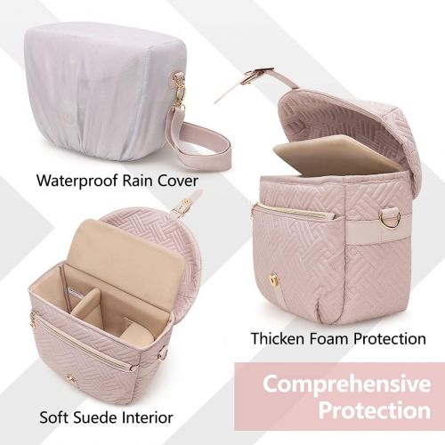  Camera Bag, BAGSMART SLR DSLR Camera Case, Quilted Cotton Camera Shoulder Bag with Rain Cover for Men and Women, Baby Pink