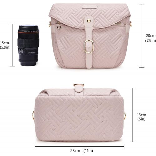  Camera Bag, BAGSMART SLR DSLR Camera Case, Quilted Cotton Camera Shoulder Bag with Rain Cover for Men and Women, Baby Pink