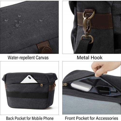  Camera Bag, BAGSMART SLR DSLR Canvas Camera Case, Vintage Padded Camera Shoulder Bag with Rain Cover for Women, Men, Black