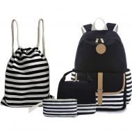 BAGTOP School Backpack Set - Canvas Teen Girls Bookbags 15 Laptop Backpack + Lunch Bags + Drawstring Backpack + Pen Case Bags Set (Black)