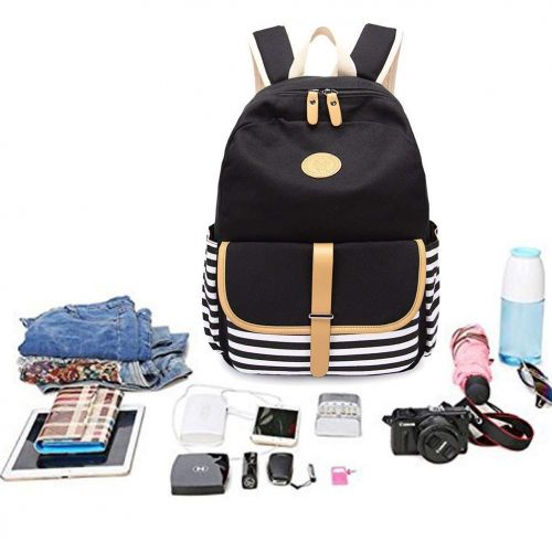  BAGTOP School Backpack Set - Canvas Teen Girls Bookbags 15 Laptop Backpack + Lunch Bags + Drawstring Backpack + Pen Case Bags Set (Black)