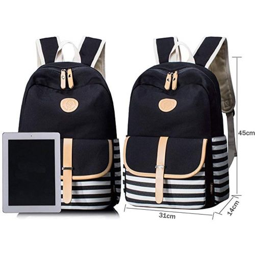  BAGTOP School Backpack Set - Canvas Teen Girls Bookbags 15 Laptop Backpack + Lunch Bags + Drawstring Backpack + Pen Case Bags Set (Black)