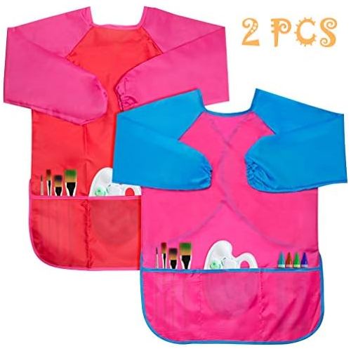  [아마존베스트]BAHABY Kids Apron 2 Pack Toddler Art Smock Toddler Smock for Kids Smock Children Waterproof Painting Aprons Artist Smock Paint Set Toddler Smocks for Painting (Pink & Red)