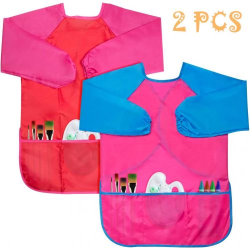  [아마존베스트]BAHABY Kids Apron 2 Pack Toddler Art Smock Toddler Smock for Kids Smock Children Waterproof Painting Aprons Artist Smock Paint Set Toddler Smocks for Painting (Pink & Red)