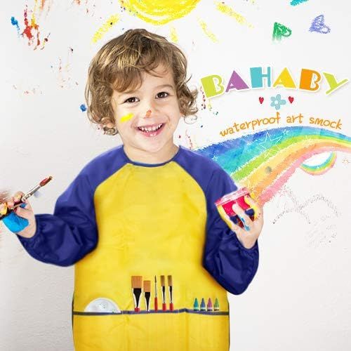  [아마존베스트]BAHABY Kids Art Smocks 4 Pack Painting Apron for Children Waterproof Artist Smock with Long Sleeve and 3 Pockets for Age 3-8 Years