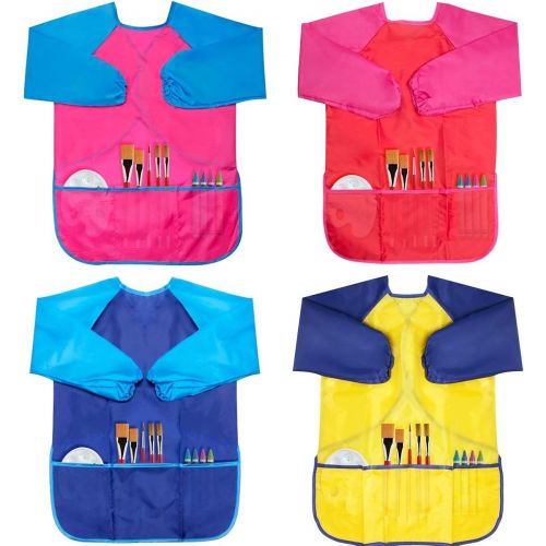  [아마존베스트]BAHABY Kids Art Smocks 4 Pack Painting Apron for Children Waterproof Artist Smock with Long Sleeve and 3 Pockets for Age 3-8 Years