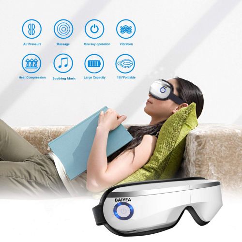  BAIYEA Eye Massager with Air Pressure, Music, Vibration and Heat Compression Therapy, Wireless Rechargeable Foldable Temple Massager for Eye Care, Dry Eyes, Stress, Headaches Relie